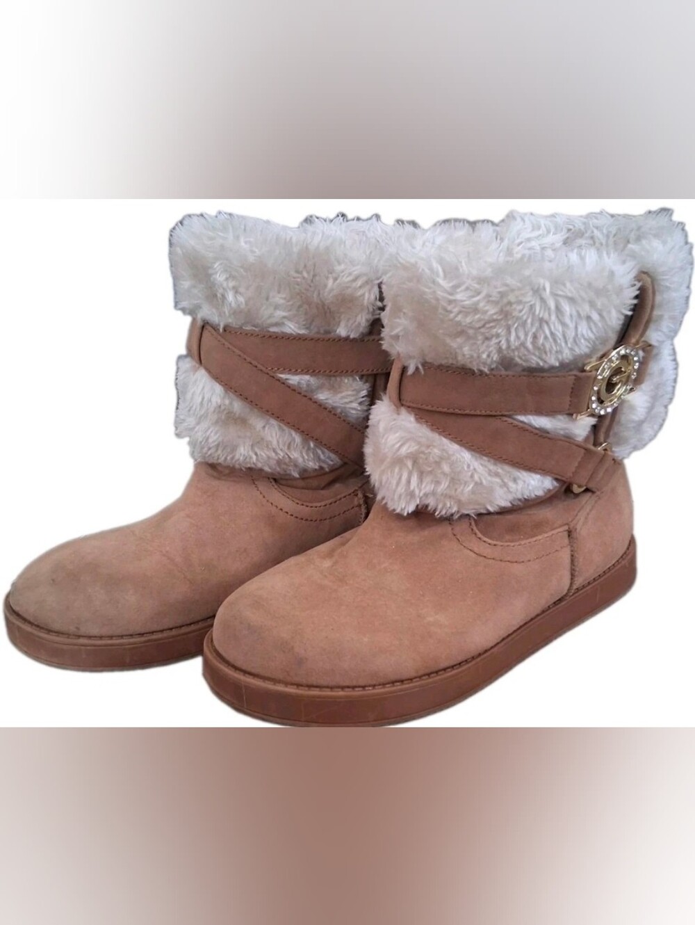 Guess Ankle Boots Womens Sz 8M Faux Suede W/ Fur Lining Brown W/Gold "G" Buckle